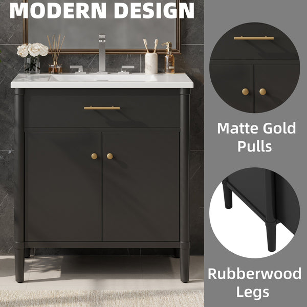 English Elm Christopher Knight Home® - 30 Inches Bathroom Vanity With Integrated Sink, Soft-Close Doors & Curved Design For Stylish Storage N817P299509B