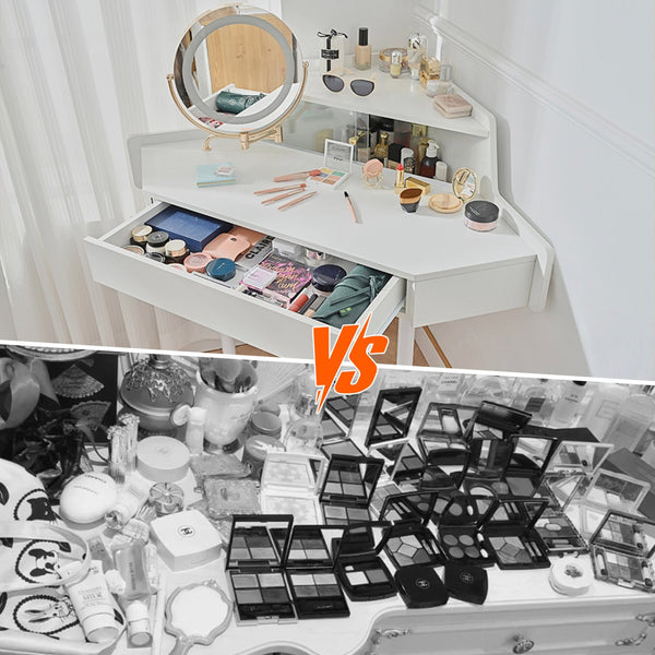 English Elm Modern Corner Makeup Vanity Desk with 360° Rotating LED Mirror, Drawer, Cabinet & Cushioned Stool N844P263664A