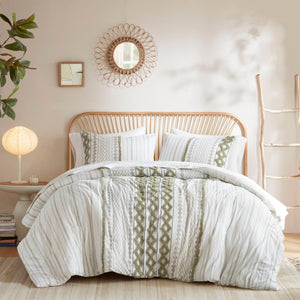 English Elm 3 Pcs King/Cal King Chenille Cotton Comforter Set In Sage/Ivory For Luxurious Bedroom Style B035P319204