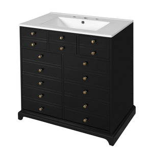 English Elm 30'' Solid Wood Frame Bathroom Vanity with Ceramic Sink, Retro Black Freestanding 2-Drawer Cabinet N710P276724B