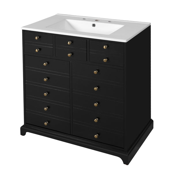 English Elm 30'' Solid Wood Frame Bathroom Vanity with Ceramic Sink, Retro Black Freestanding 2-Drawer Cabinet N710P276724B