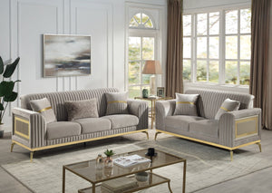 English Elm Antigua Glam Sofa and Loveseat Set with Gold Tone Accents for Modern Living Rooms Taupe+Gold B009S02172