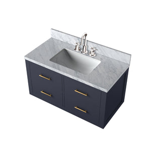 English Elm Blue Single Bath Vanity With Carrara Marble Top And Polished Chrome Faucet Set - Elegant Design! B2731P257968