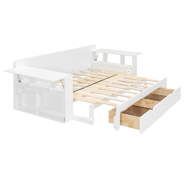 English Elm Queen Daybed with Hydraulic Desk Storage Drawers and Convertible Sofa for Small Spaces White LT000272AAK