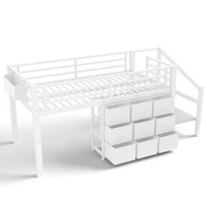 English Elm Twin Metal Low Loft Bed with Storage Stairs Fabric Drawers and Built-in Lights Light White W5305S00044