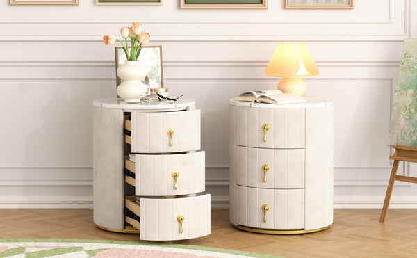 English Elm 2 Upholstered Nightstand Set with 3 Drawers, Round Velvet Bedside Table, Marble Top & Metal Handles Beige 24 L x 19.5 W x 18.89 H N733S272609A