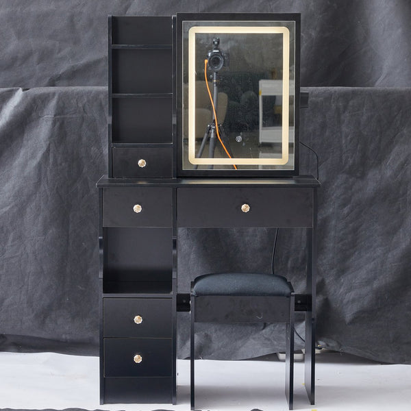 English Elm 29.2" Compact Vanity Table With Led Mirror & Cushioned Stool - Space-Saving Design For Small Rooms W936P226035