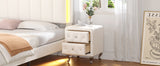 English Elm Elegant Pu Nightstand With 2 Drawers and Crystal Handle,Fully Assembled Except Legs&Handles,Storage Bedside Table With Metal Legs - White