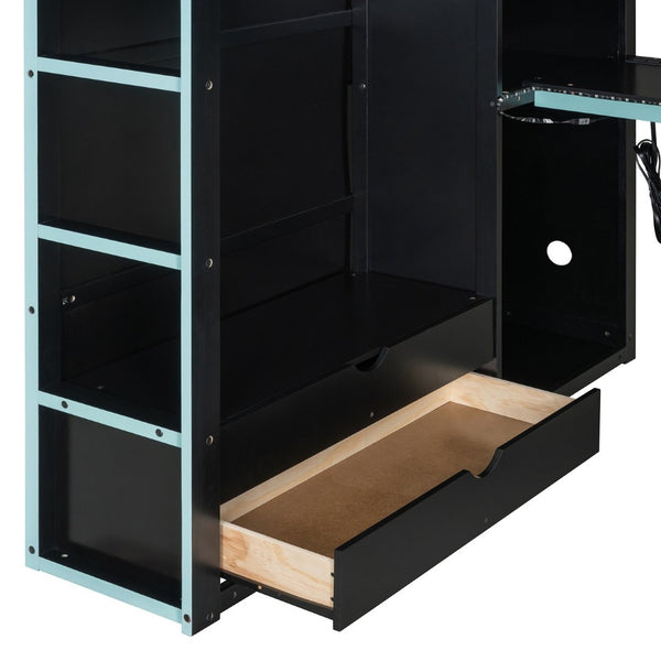 English Elm Full Size Gaming Loft Bed with Rgb Lighting Desk Wardrobe and Built-in Storage Blue LT100261AAC