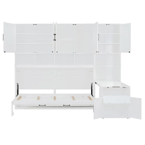 English Elm Twin Murphy Wall Bed with Integrated Closet Drawers and Desk for Studio Spaces White LP000595AAK-2