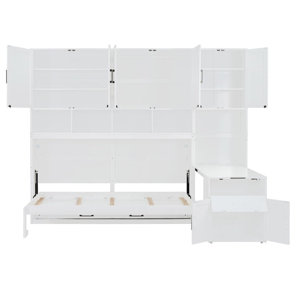 English Elm Twin Murphy Wall Bed with Integrated Closet Drawers and Desk for Studio Spaces White LP000595AAK-2