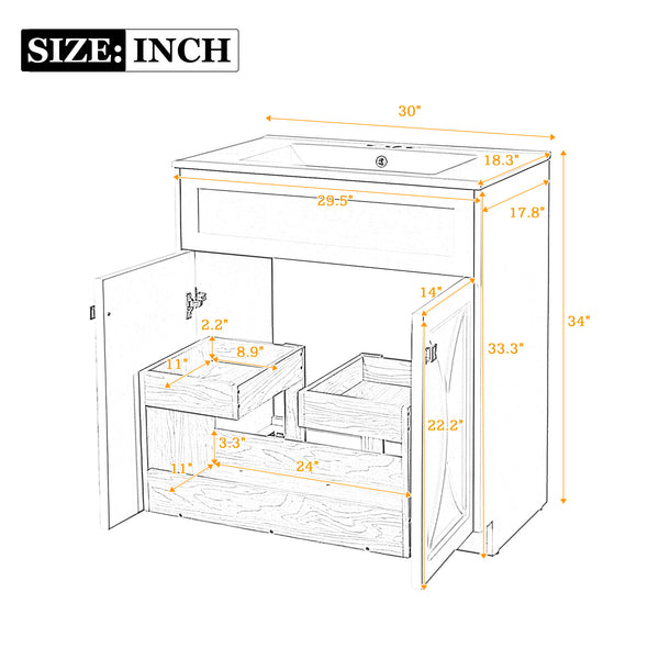 English Elm 30'' Modern Bathroom Vanity With Ceramic Sink, Soft-Close Doors, Gold Handles & Ample Storage Space N710P194898B