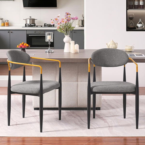 English Elm Modern Upholstered Dining Chairs Set of 2 Beige Fabric Gold Arm Black Frame W5501P462422