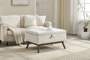 English Elm Mid-century square storage bench with solid wood frame, microfiber upholstery, versatile ottoman seat and tabletop functionality for living room and entryway appeal Beige W1539P269651