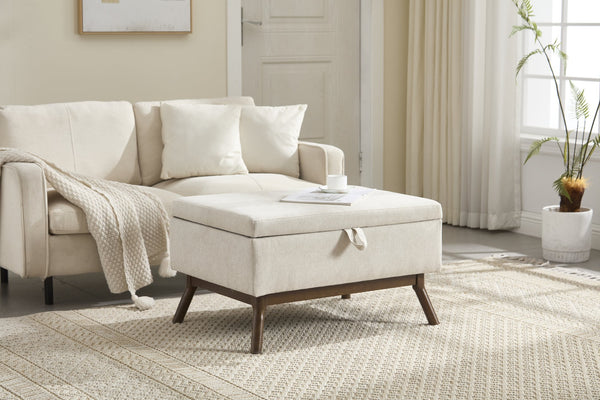 English Elm Mid-century square storage bench with solid wood frame, microfiber upholstery, versatile ottoman seat and tabletop functionality for living room and entryway appeal Beige W1539P269651