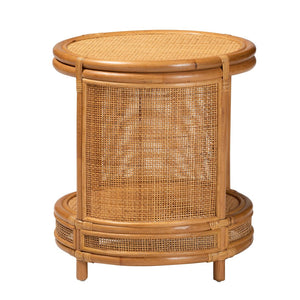 English Elm Modern Woven Rattan Round End Table with Open Shelf Bohemian Coastal Living Accent B2750P467699