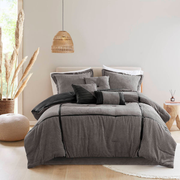 English Elm 7 Piece Micro Corduroy Comforter Set - Luxurious Grey California King Bedding Ensemble For Year-Round Comfort B035P266663