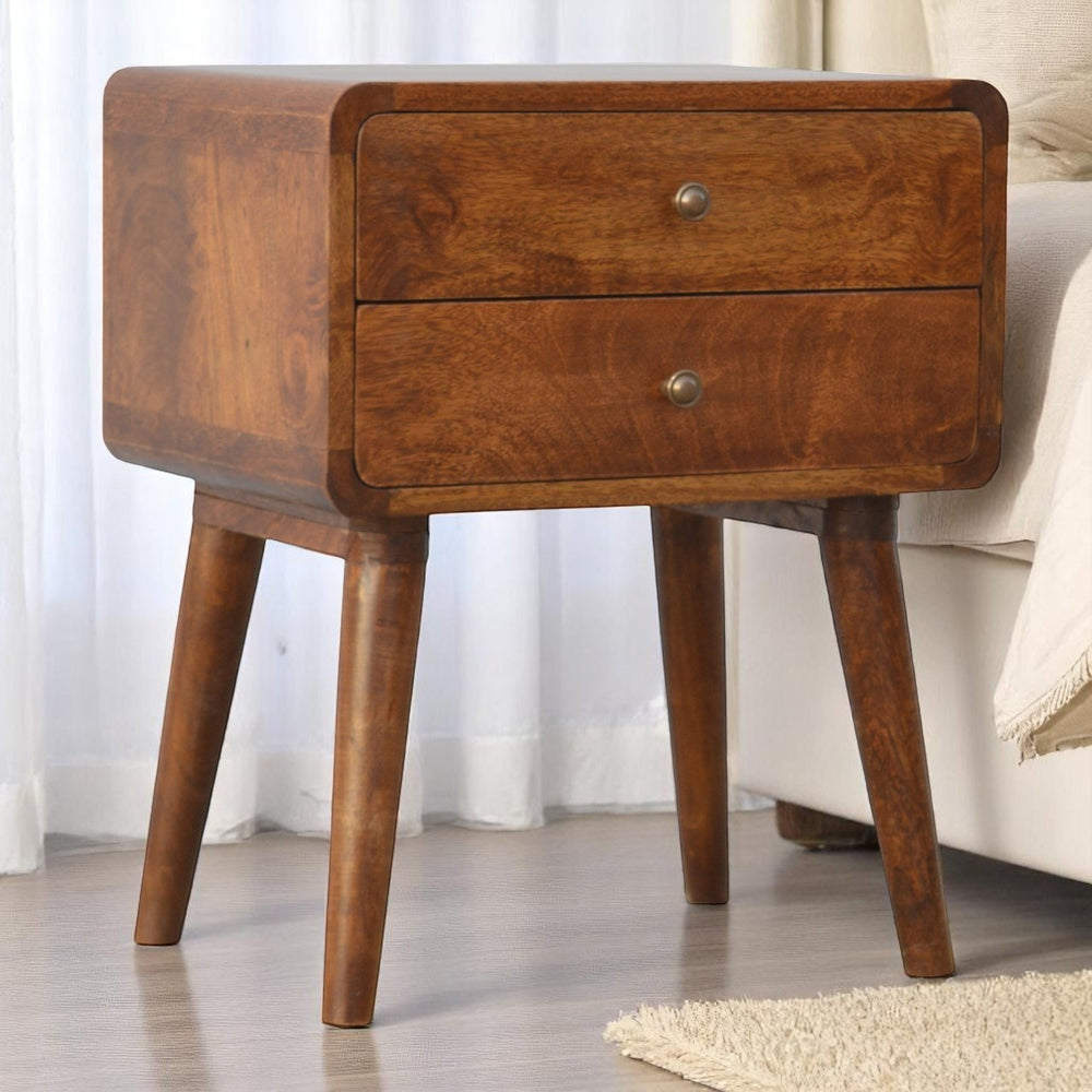 English Elm Solid Solid Wood Curved Chestnut Nightstand with 2 Drawers, Mango Wood, Nordic Legs, Compact Style B182P280808