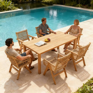 English Elm 68.9-inch Outdoor Rectangular Dining Table Hips Wood Grain Seats Six with Umbrella Hole W2085P364122