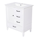 English Elm 30" Bathroom Vanity With Sink, Bathroom Cabinet With A Door, Three Drawers, Solid Wood Legs & Mdf Board, Adiustable Foot Pads, White