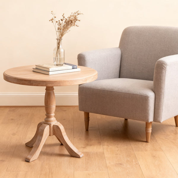English Elm 23.6'' Round Wooden End Table with Adjustable 24.4/28.4'' Stands, Solid Wood Rustic Beige Accent Table W3426P385596