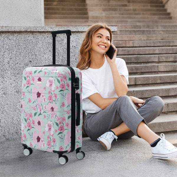 English Elm 6 Piece Hardshell Abs Travel Set with Spinner Wheels Combination Lock and Toiletry Bag Green & Pink Flower N732P391160F