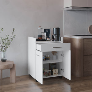 English Elm Kitchen Compact Cart with 2 Doors, 1 Drawer & 2 Shelves on 4 Swivel Wheels — White Engineered Wood Storage B097P350298