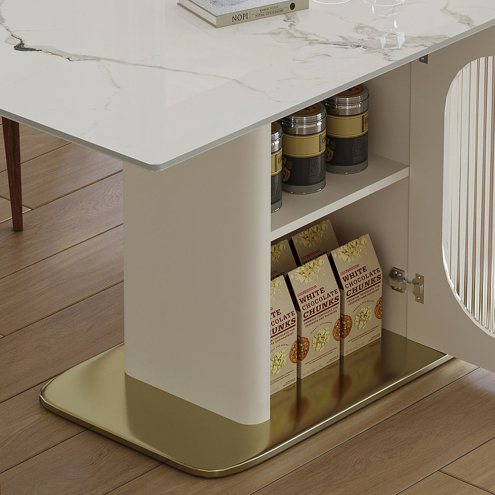 English Elm 63" Modern 7-Piece Dining Set with Burnt Sintered Stone Top, Gold Solid Wood Base & Storage, 6 Chairs W2700S00069