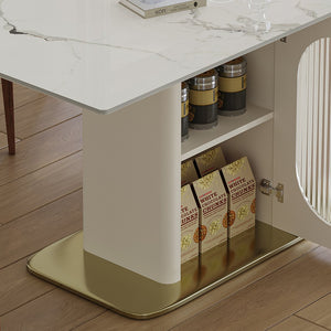 English Elm 63" Modern 7-Piece Dining Set with Burnt Sintered Stone Top, Gold Solid Wood Base & Storage, 6 Chairs W2700S00069