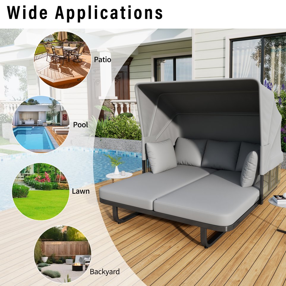 English Elm 57" Outdoor Patio Daybed with Retractable Sunshade Canopy, Rattan Accents, Water-Repellent Fabric, Durable Iron Frame Grey N719Z000150E