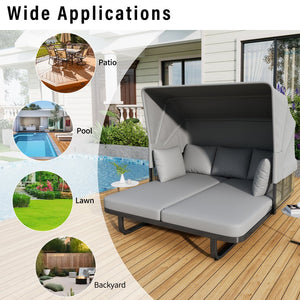 English Elm 57" Outdoor Patio Daybed with Retractable Sunshade Canopy, Rattan Accents, Water-Repellent Fabric, Durable Iron Frame Grey N719Z000150E