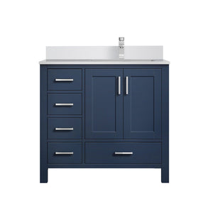 English Elm Navy 36" Bath Vanity with Right Offset White Quartz Top, Soft-Close Drawers, Faucet Included B2731P259056