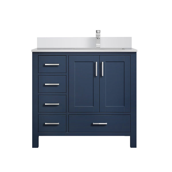 English Elm Navy 36" Bath Vanity with Right Offset White Quartz Top, Soft-Close Drawers, Faucet Included B2731P259056