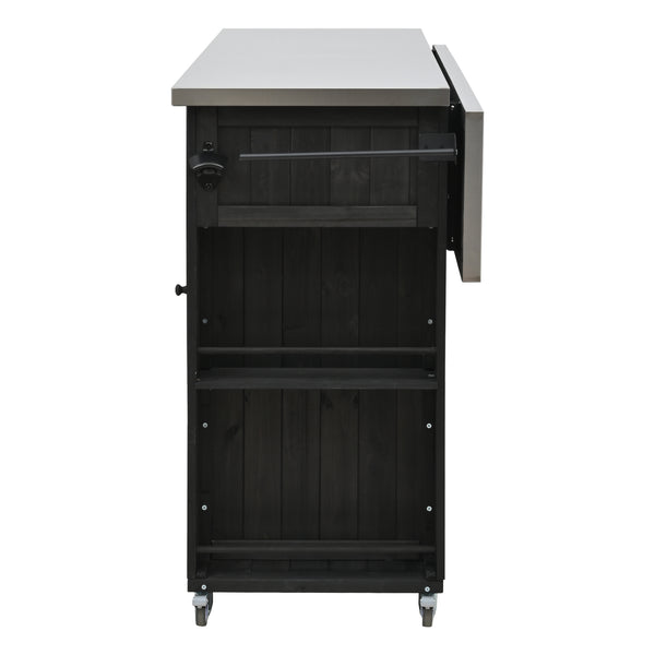 English Elm Outdoor Kitchen Island Solid Fir Wood with Foldable Stainless Top, Ample Storage, Wheels, Opener Black N719P246553B