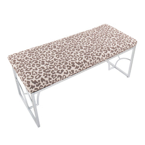 English Elm Constellation Silver Metal Bench with Beige Leopard Fabric Upholstery — Modern 2-Seat Accent Piece B202S01139
