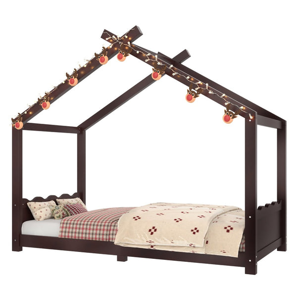 English Elm Twin House Frame Floor Bed Solid Pine Kids Room Montessori Low Profile Play Nook Espresso W1580P387837