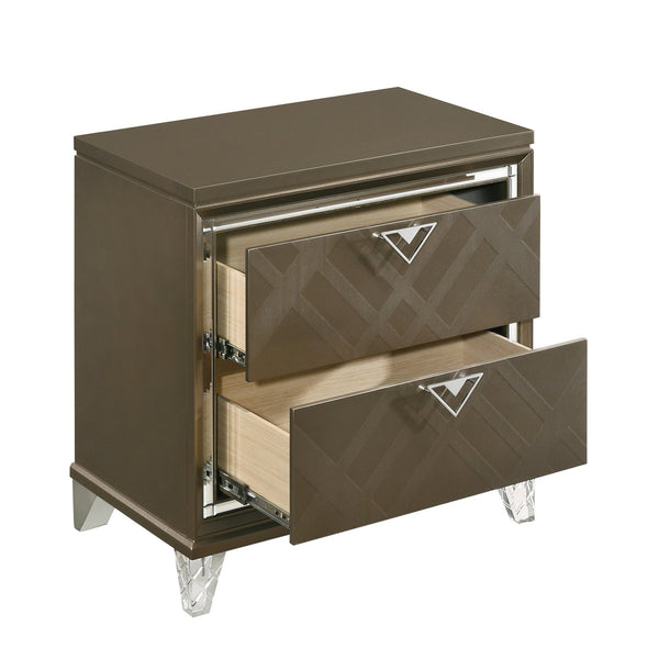English Elm Dark Champagne Mirrored Nightstand with Acrylic Legs, 2 Drawers, Metal Knobs & Safety Stops — Glamorous Bedroom Accent B062P186502