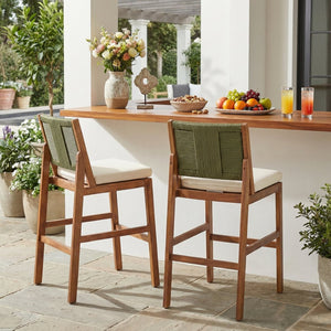 English Elm Outdoor Acacia Wood Barstools Set of 2 Wicker Back Patio Seating with Cushions Cream,Green,Teak N773P358719G