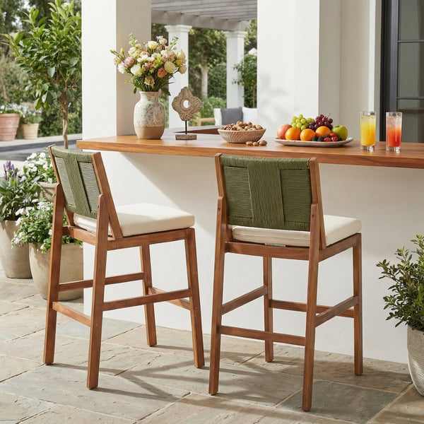 English Elm Outdoor Acacia Wood Barstools Set of 2 Wicker Back Patio Seating with Cushions Cream,Green,Teak N773P358719G