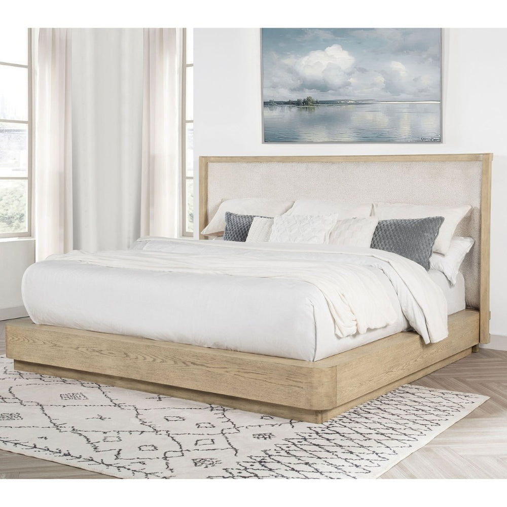 English Elm Funston Queen Bed with Tan Upholstered Headboard and Warm Oak Grain Wood Frame B062S01738