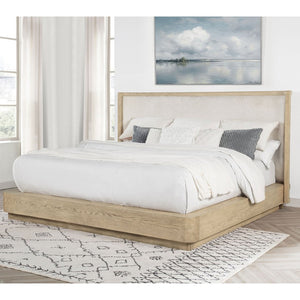 English Elm Funston Queen Bed with Tan Upholstered Headboard and Warm Oak Grain Wood Frame B062S01738