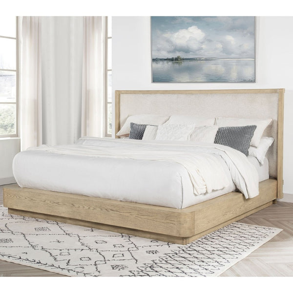 English Elm Funston Queen Bed with Tan Upholstered Headboard and Warm Oak Grain Wood Frame B062S01738