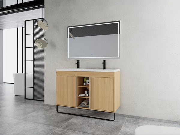 English Elm 48" Freestanding Bathroom Vanity With Resin Double Sink, Soft-Close Doors & Open Storage For Modern Style W999S00479