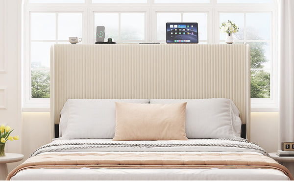 English Elm Full Size Platform Bed with Beige Storage Headboard, 2 USB Charging Ports, Metal Slats Noise-Free Support W636P288795