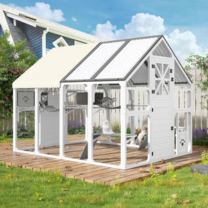 English Elm Large Walk-in Pine Wood Catio Enclosure with Platforms Resting Boxes and Planter Grey,White N704G201618K