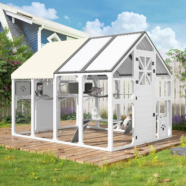 English Elm Large Walk-in Pine Wood Catio Enclosure with Platforms Resting Boxes and Planter Grey,White N704G201618K