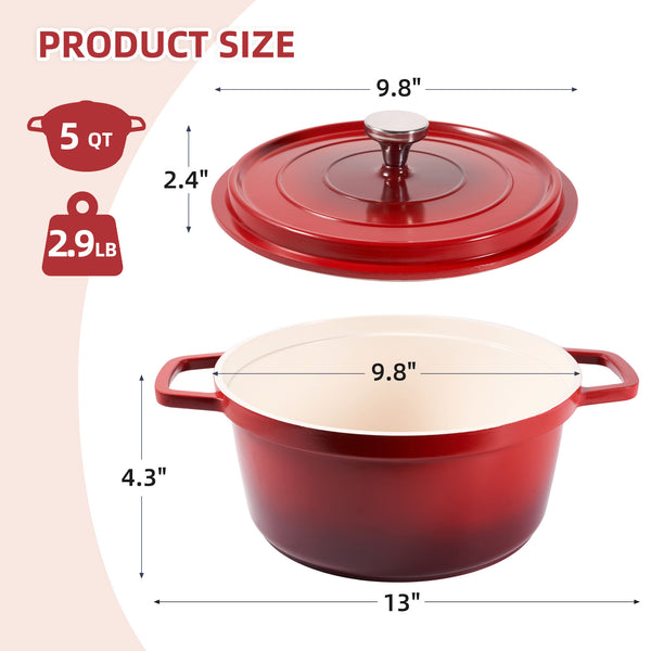 English Elm Lightweight 5 Qt Dutch Oven With Lid - Nonstick Enameled Cast Aluminum Pot For Versatile Cooking, Red T3950P399487