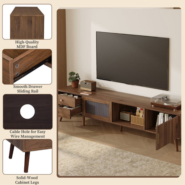 English Elm 76" Wood Grain Media Console with Glass Doors Deep Drawers and Living Room Storage N710P397467P