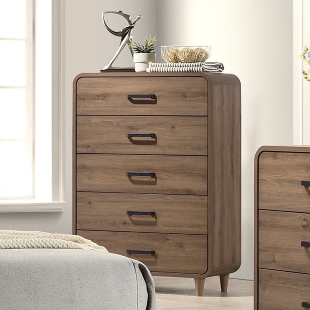 English Elm 1pc Contemporary Brown Wooden Tall Chest Five Drawer Bedroom Storage Compact Design B2741P482266
