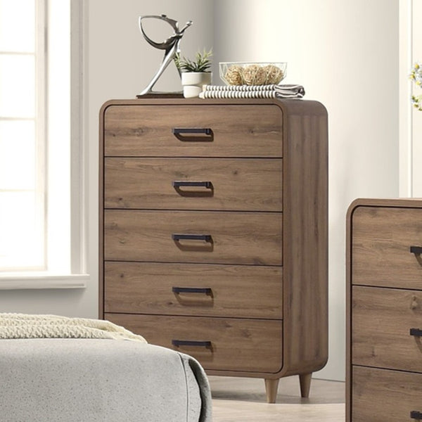 English Elm 1pc Contemporary Brown Wooden Tall Chest Five Drawer Bedroom Storage Compact Design B2741P482266